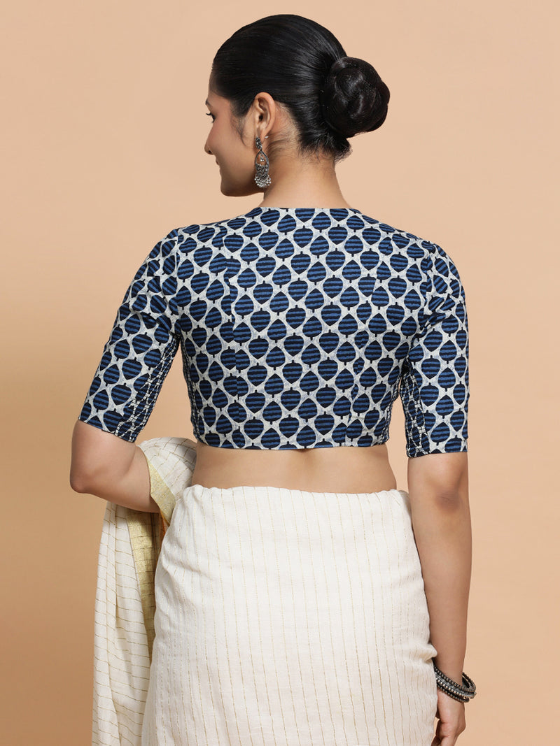 Bhumi x Rozaana | Elbow Sleeves Cotton Saree Blouse in Indigo Blue Leaf Block Print Fabric-Binks