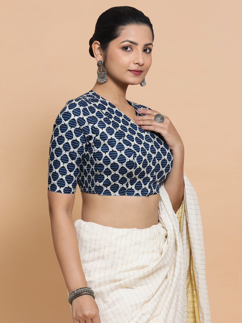 Bhumi x Rozaana | Elbow Sleeves Cotton Saree Blouse in Indigo Blue Leaf Block Print Fabric-Binks