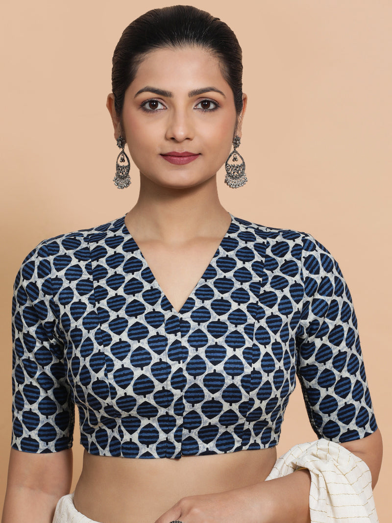 Bhumi x Rozaana | Elbow Sleeves Cotton Saree Blouse in Indigo Blue Leaf Block Print Fabric-Binks