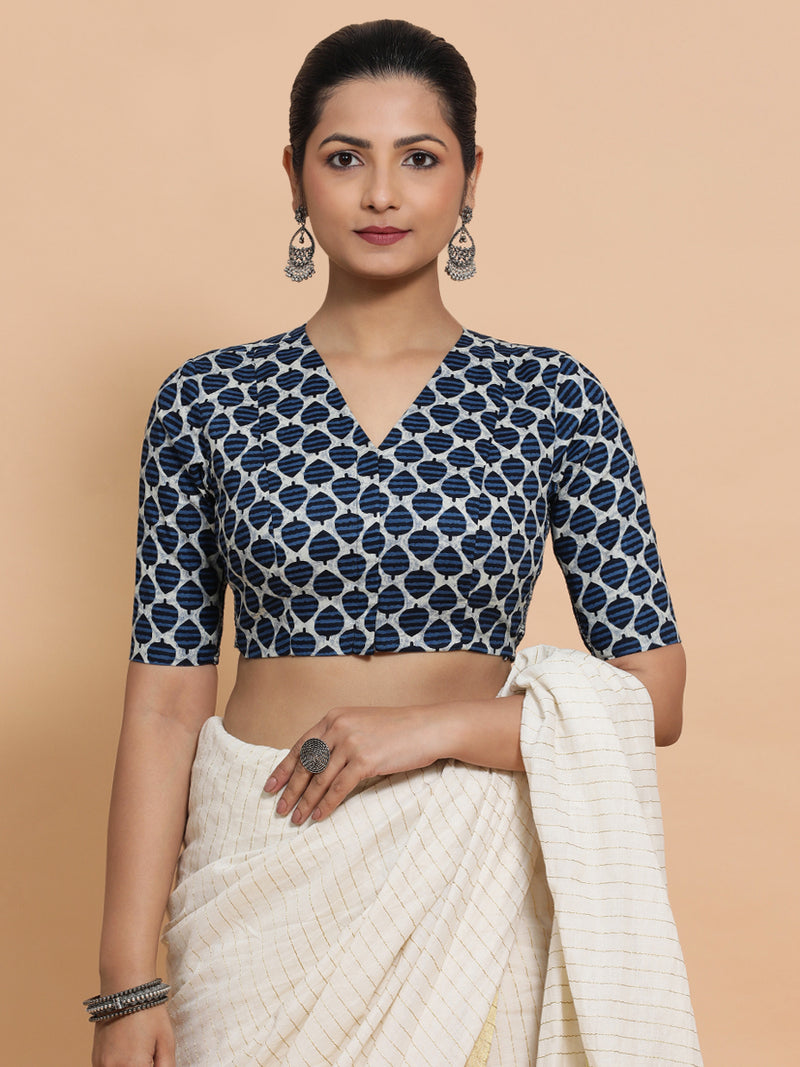 Bhumi x Rozaana | Elbow Sleeves Cotton Saree Blouse in Indigo Blue Leaf Block Print Fabric-Binks