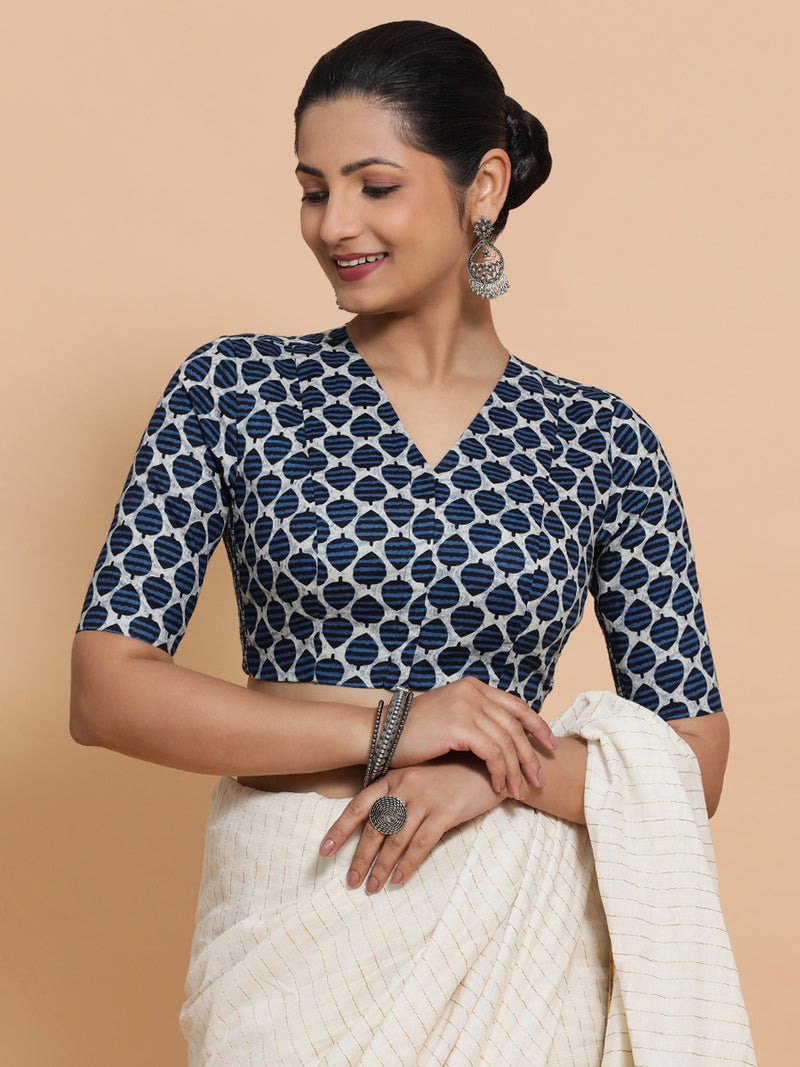 Bhumi x Rozaana | Elbow Sleeves Cotton Saree Blouse in Indigo Blue Leaf Block Print Fabric-Binks