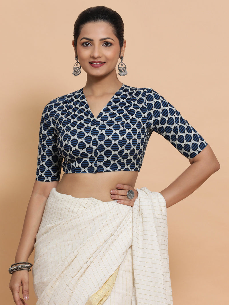 Bhumi x Rozaana | Elbow Sleeves Cotton Saree Blouse in Indigo Blue Leaf Block Print Fabric-Binks