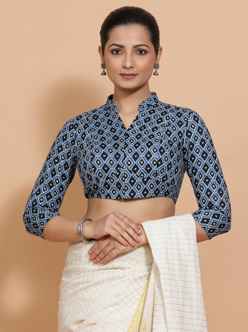 Bhumika x Rozaana | Three Quarter Sleeves Cotton Saree Blouse in Indigo Blue Geometric Block Print Fabric-Binks