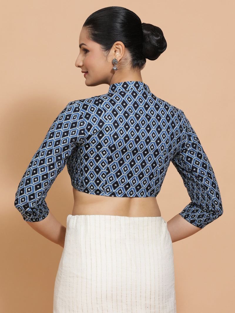 Bhumika x Rozaana | Three Quarter Sleeves Cotton Saree Blouse in Indigo Blue Geometric Block Print Fabric-Binks