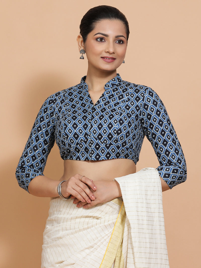 Bhumika x Rozaana | Three Quarter Sleeves Cotton Saree Blouse in Indigo Blue Geometric Block Print Fabric-Binks