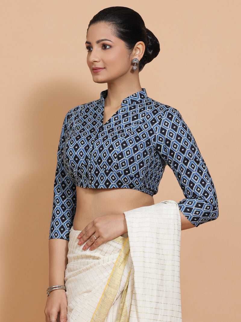 Bhumika x Rozaana | Three Quarter Sleeves Cotton Saree Blouse in Indigo Blue Geometric Block Print Fabric-Binks