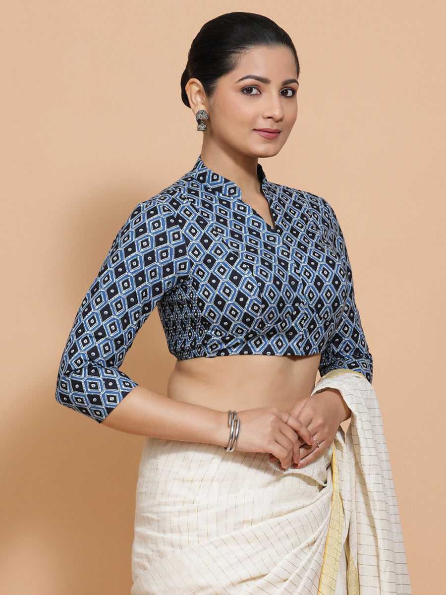 Bhumika x Rozaana Saree Blouse, in Blue Cotton, featuring three quarter sleeves and mandarin collar neckline (view 8).