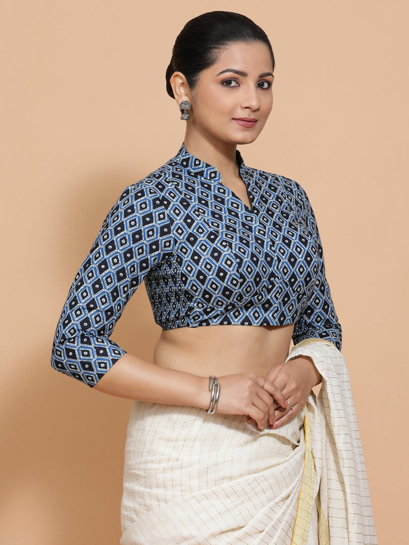 Bhumika x Rozaana | Three Quarter Sleeves Cotton Saree Blouse in Indigo Blue Geometric Block Print Fabric-Binks