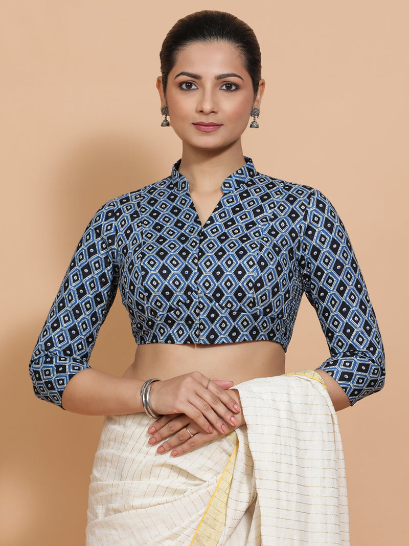 Bhumika x Rozaana | Three Quarter Sleeves Cotton Saree Blouse in Indigo Blue Geometric Block Print Fabric-Binks
