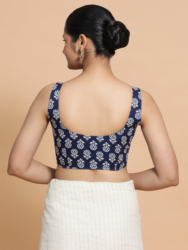 Bina x Rozaana Saree Blouse, in Blue Cotton, featuring sleeveless and square neckline, made for daily & work (view 2).