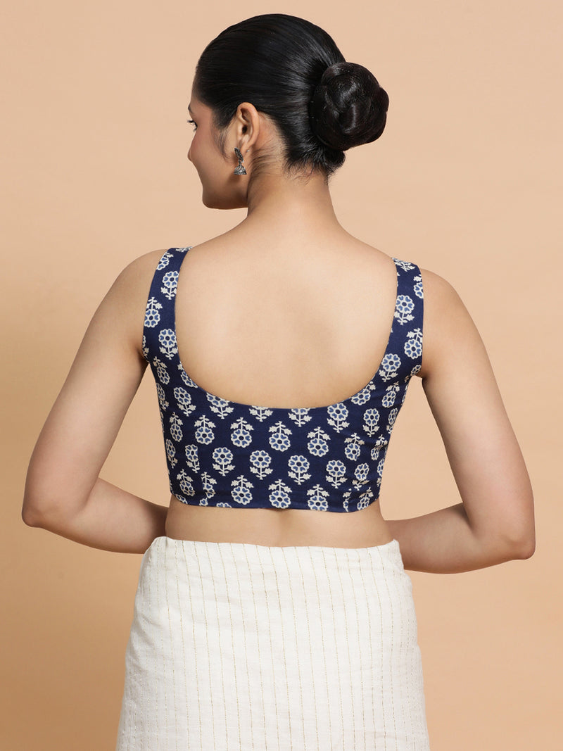 Bina x Rozaana | Sleeveless Cotton Saree Blouse in Indigo Blue Flower Block Print Fabric-Binks