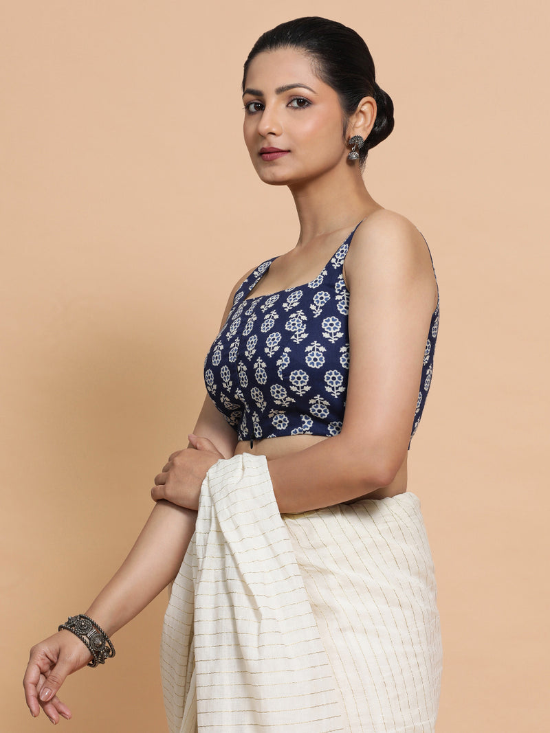 Bina x Rozaana | Sleeveless Cotton Saree Blouse in Indigo Blue Flower Block Print Fabric-Binks