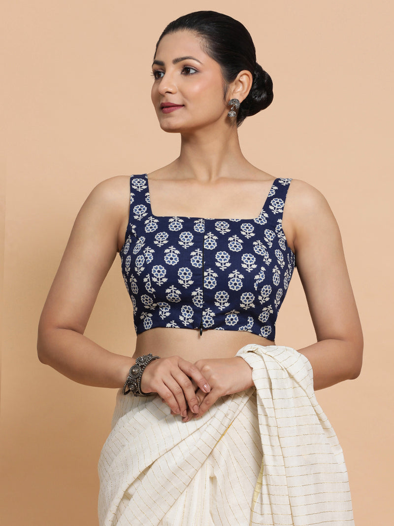 Bina x Rozaana | Sleeveless Cotton Saree Blouse in Indigo Blue Flower Block Print Fabric-Binks