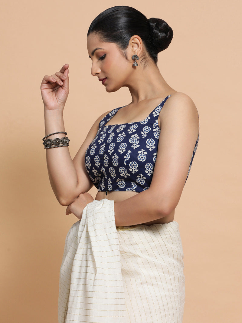 Bina x Rozaana | Sleeveless Cotton Saree Blouse in Indigo Blue Flower Block Print Fabric-Binks