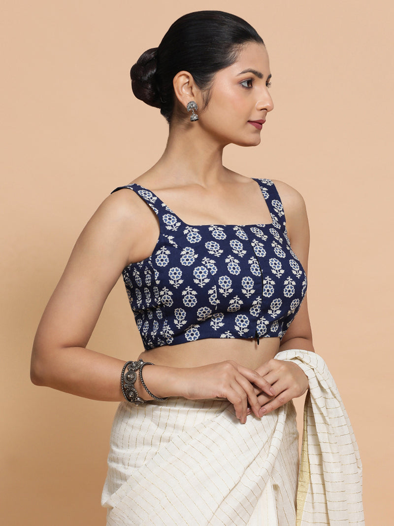 Bina x Rozaana | Sleeveless Cotton Saree Blouse in Indigo Blue Flower Block Print Fabric-Binks