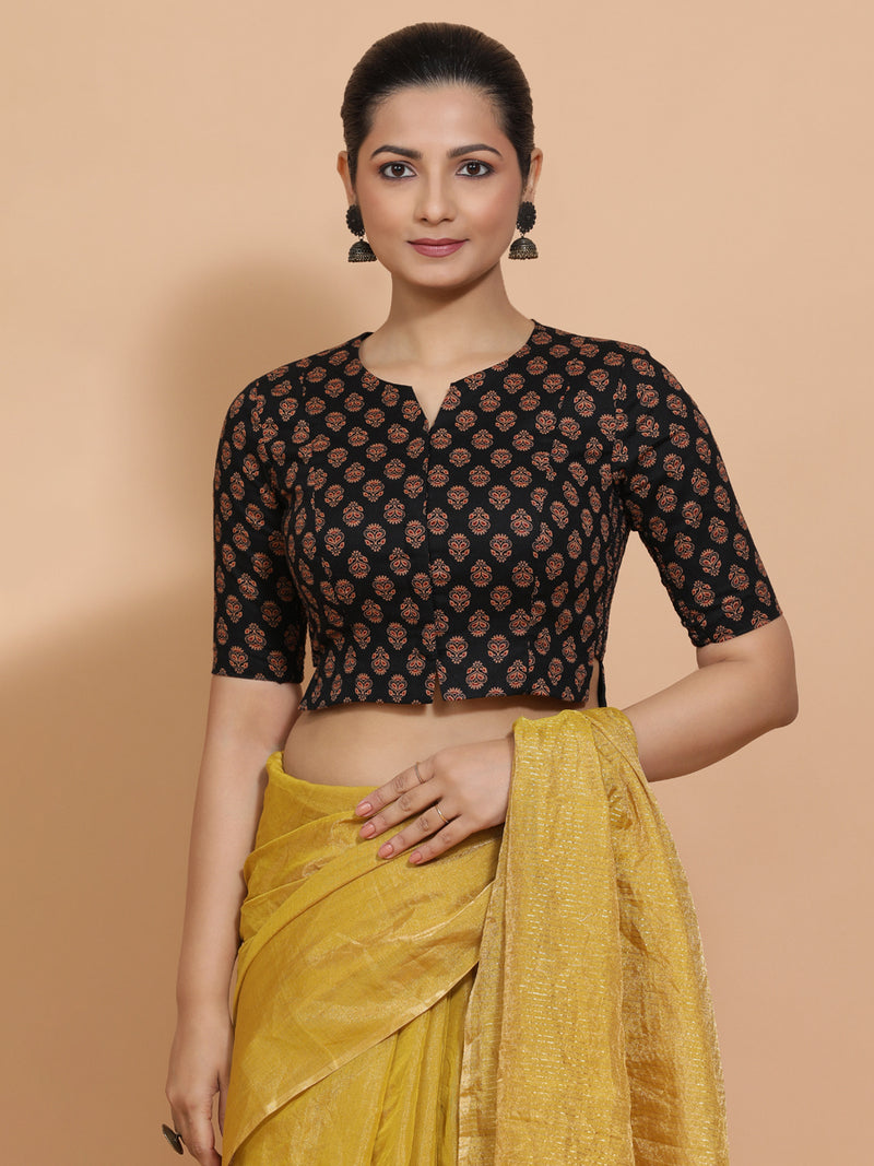 Binal x Rozaana | Elbow Sleeves Cotton Saree Blouse in Black Peacock Block Print Fabric-Binks