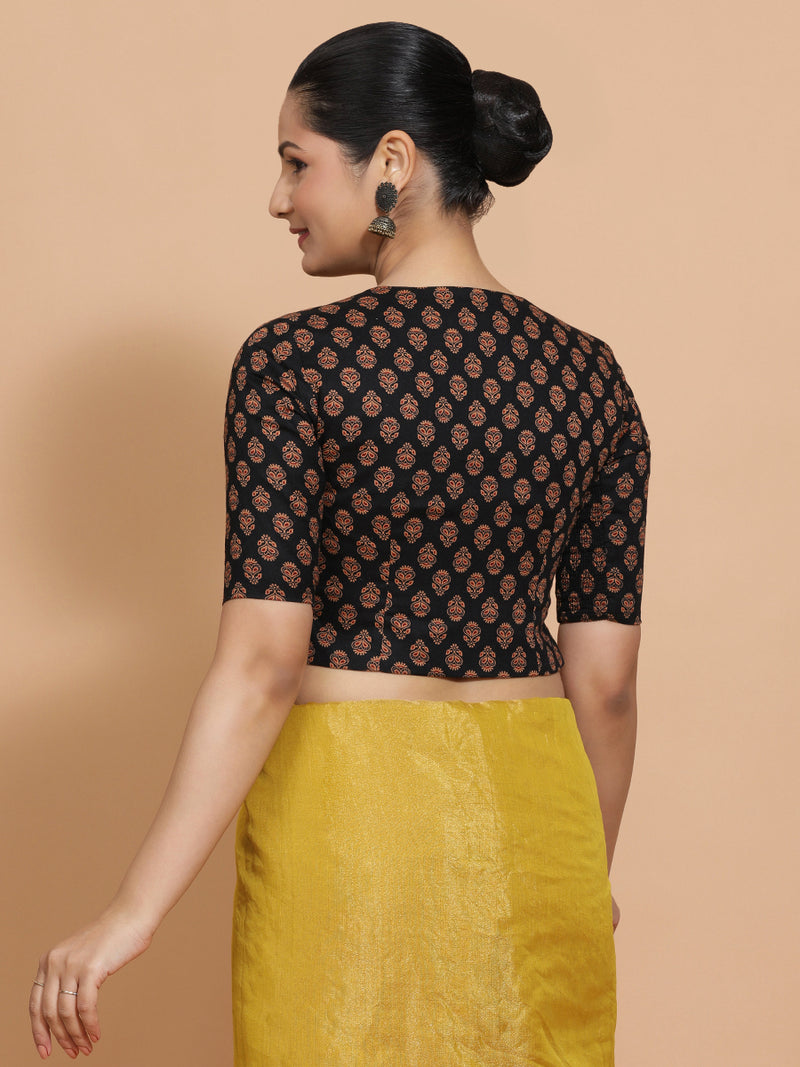 Binal x Rozaana | Elbow Sleeves Cotton Saree Blouse in Black Peacock Block Print Fabric-Binks