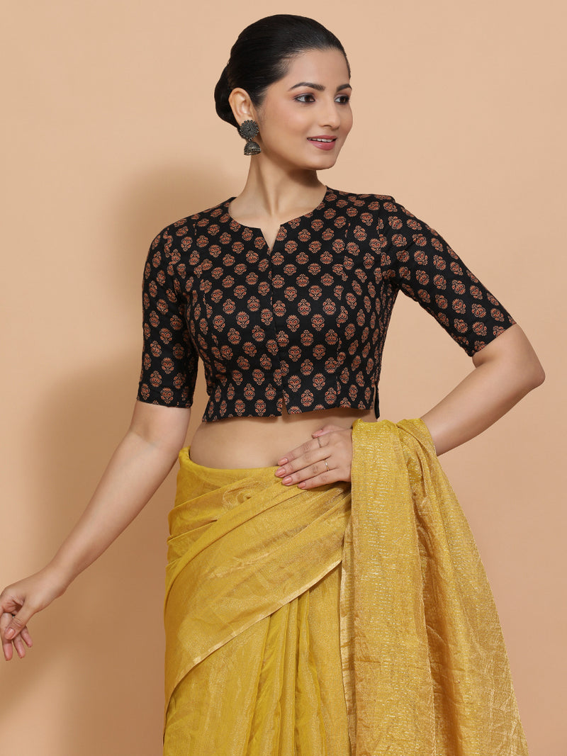 Binal x Rozaana | Elbow Sleeves Cotton Saree Blouse in Black Peacock Block Print Fabric-Binks