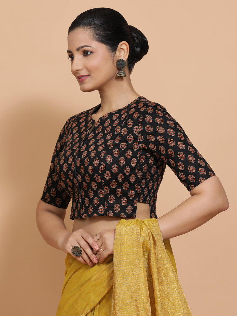 Binal x Rozaana | Elbow Sleeves Cotton Saree Blouse in Black Peacock Block Print Fabric-Binks