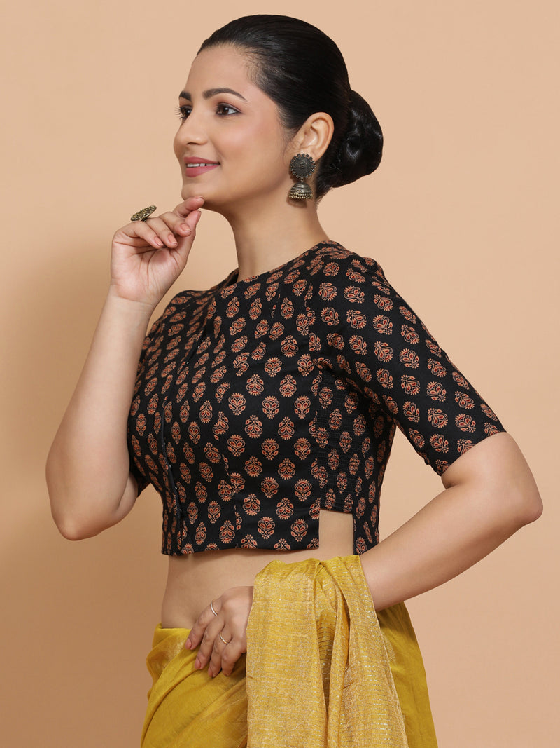 Binal x Rozaana | Elbow Sleeves Cotton Saree Blouse in Black Peacock Block Print Fabric-Binks