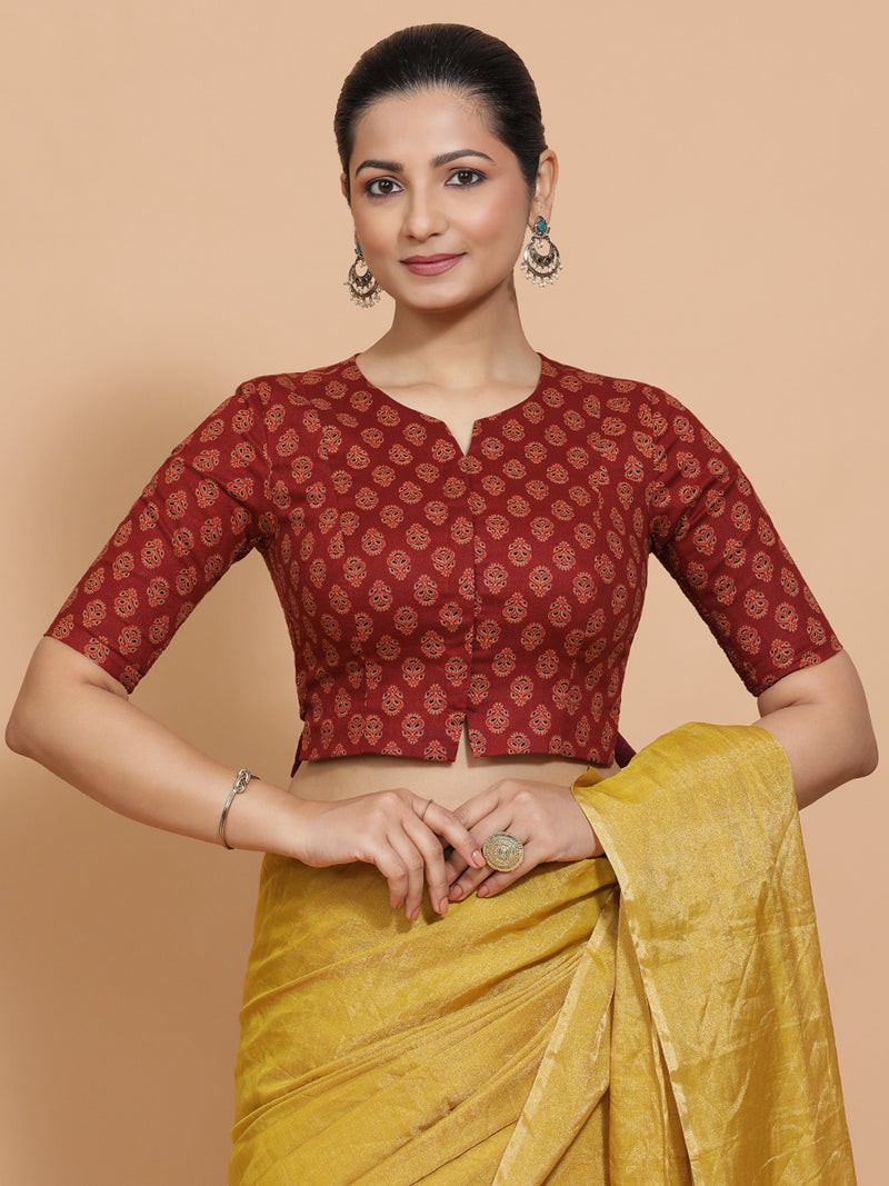 Binal x Rozaana | Elbow Sleeves Cotton Saree Blouse in Red Peacock Block Print Fabric-Binks