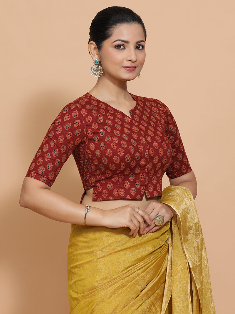 Binal x Rozaana | Elbow Sleeves Cotton Saree Blouse in Red Peacock Block Print Fabric-Binks