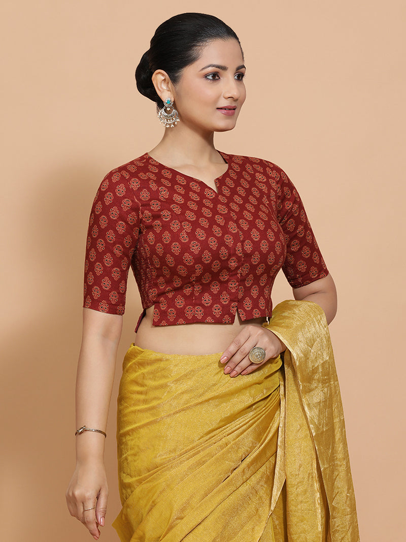 Binal x Rozaana | Elbow Sleeves Cotton Saree Blouse in Red Peacock Block Print Fabric-Binks