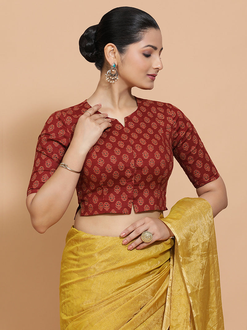 Binal x Rozaana | Elbow Sleeves Cotton Saree Blouse in Red Peacock Block Print Fabric-Binks