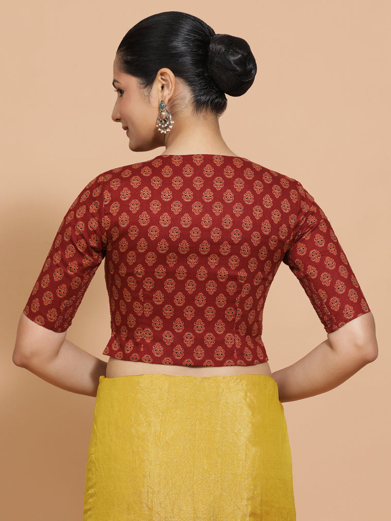 Binal x Rozaana Saree Blouse, in Red Cotton, featuring elbow sleeves and round neckline, made for daily & work (view 2).