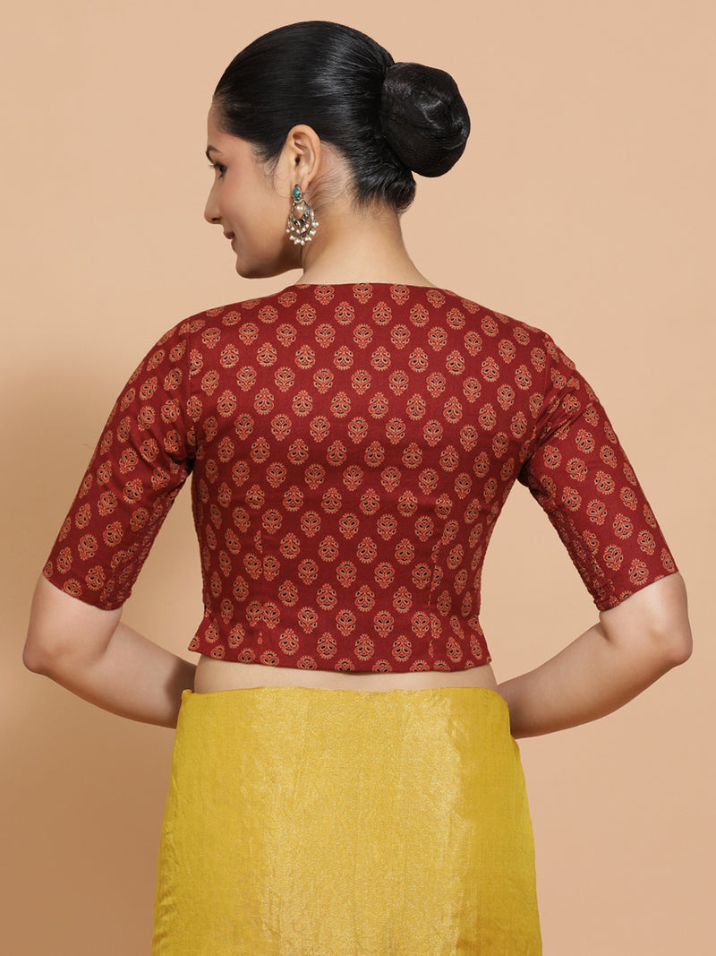 Binal x Rozaana | Elbow Sleeves Cotton Saree Blouse in Red Peacock Block Print Fabric-Binks