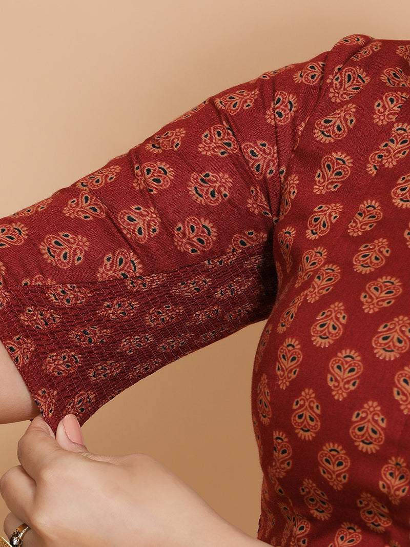Binal x Rozaana | Elbow Sleeves Cotton Saree Blouse in Red Peacock Block Print Fabric-Binks