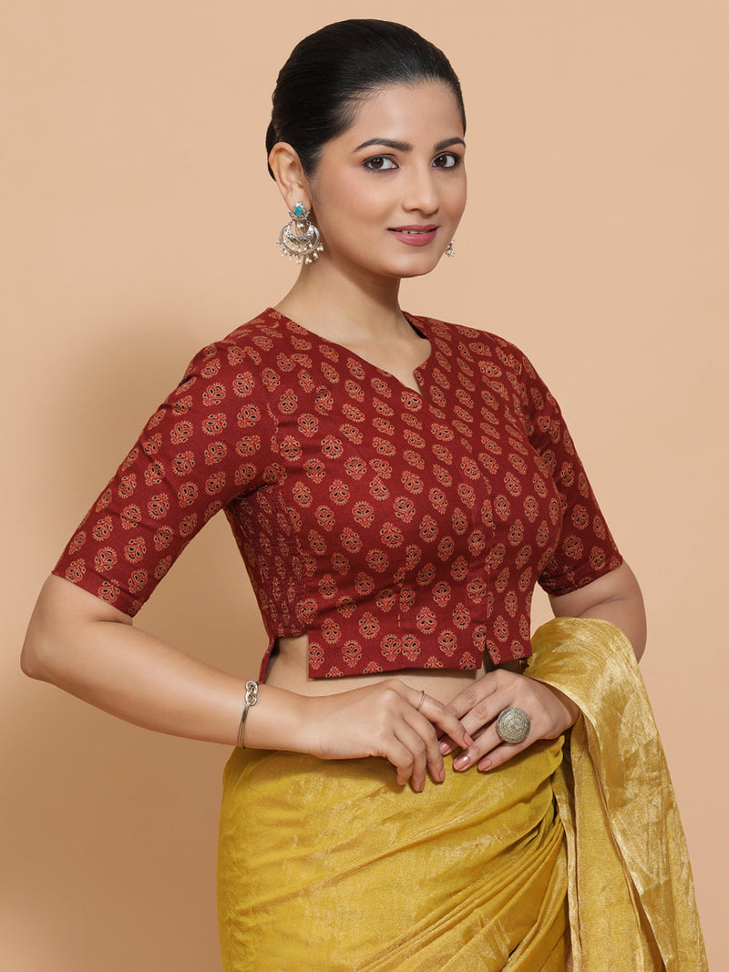 Binal x Rozaana | Elbow Sleeves Cotton Saree Blouse in Red Peacock Block Print Fabric-Binks