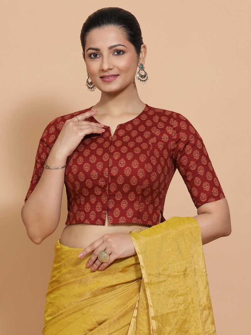 Binal x Rozaana | Elbow Sleeves Cotton Saree Blouse in Red Peacock Block Print Fabric-Binks