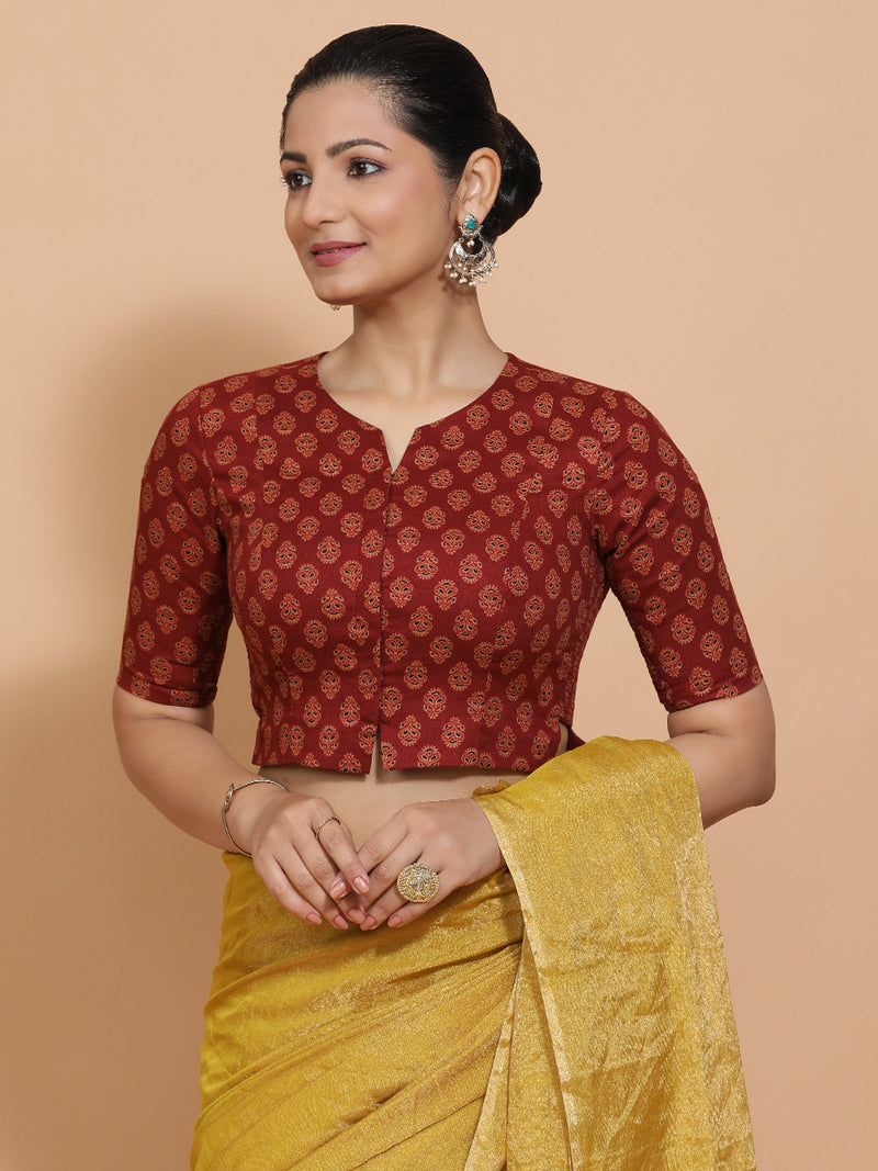 Binal x Rozaana | Elbow Sleeves Cotton Saree Blouse in Red Peacock Block Print Fabric-Binks