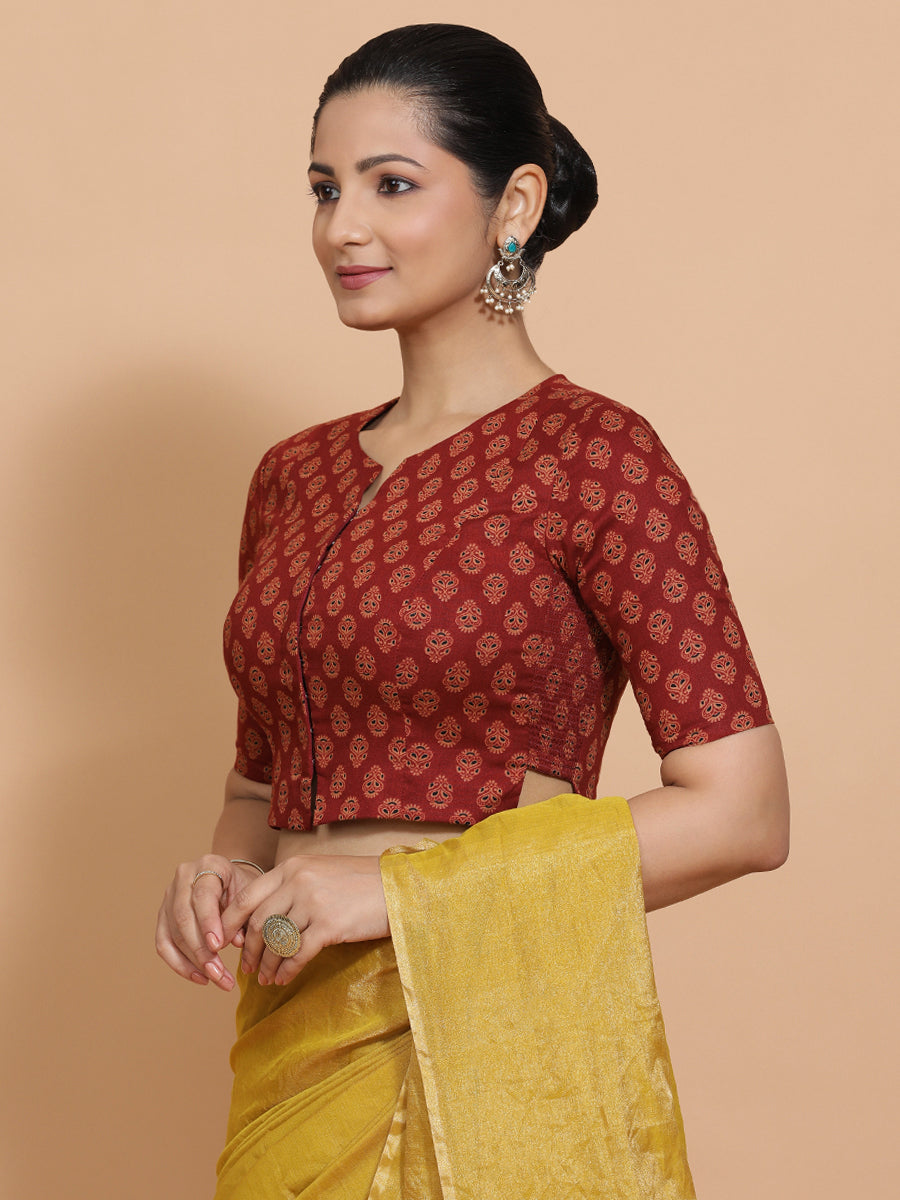 Binal x Rozaana Saree Blouse, in Red Cotton, featuring elbow sleeves and round neckline, made for daily & work (view 8).