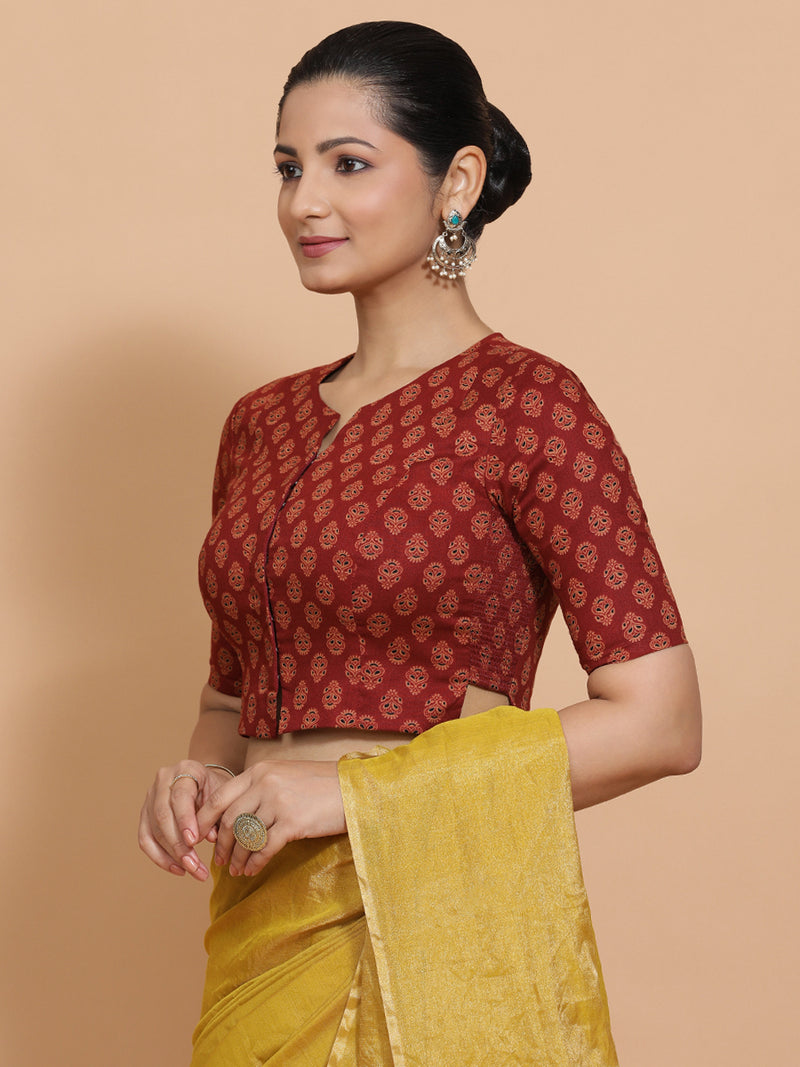 Binal x Rozaana | Elbow Sleeves Cotton Saree Blouse in Red Peacock Block Print Fabric-Binks
