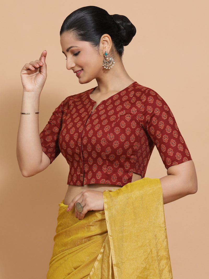 Binal x Rozaana | Elbow Sleeves Cotton Saree Blouse in Red Peacock Block Print Fabric-Binks