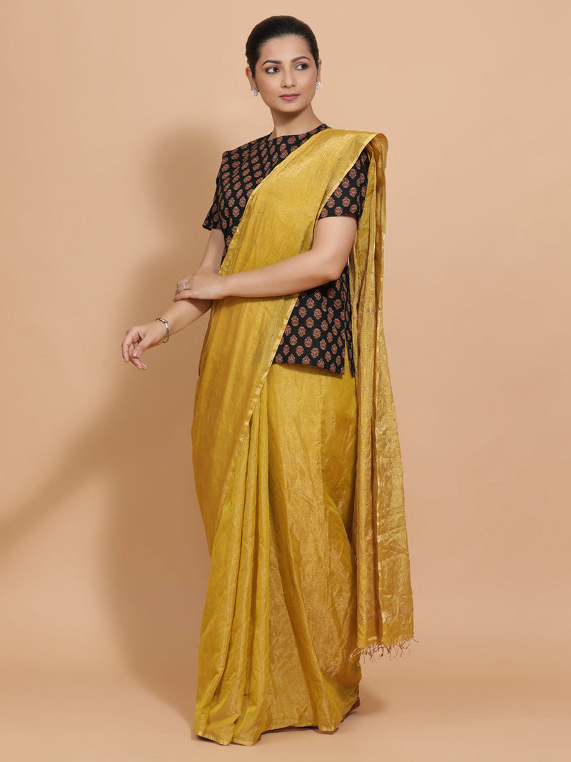 Brinda x Rozaana | Short Sleeves Cotton Saree Blouse in Black Peacock Block Print Fabric-Binks