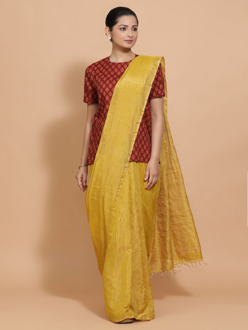 Brinda x Rozaana | Short Sleeves Cotton Saree Blouse in Red Peacock Block Print Fabric-Binks