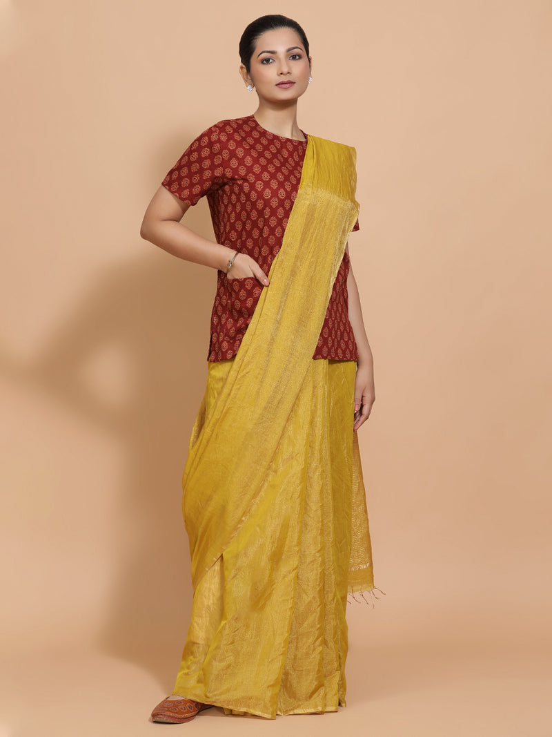 Brinda x Rozaana | Short Sleeves Cotton Saree Blouse in Red Peacock Block Print Fabric-Binks