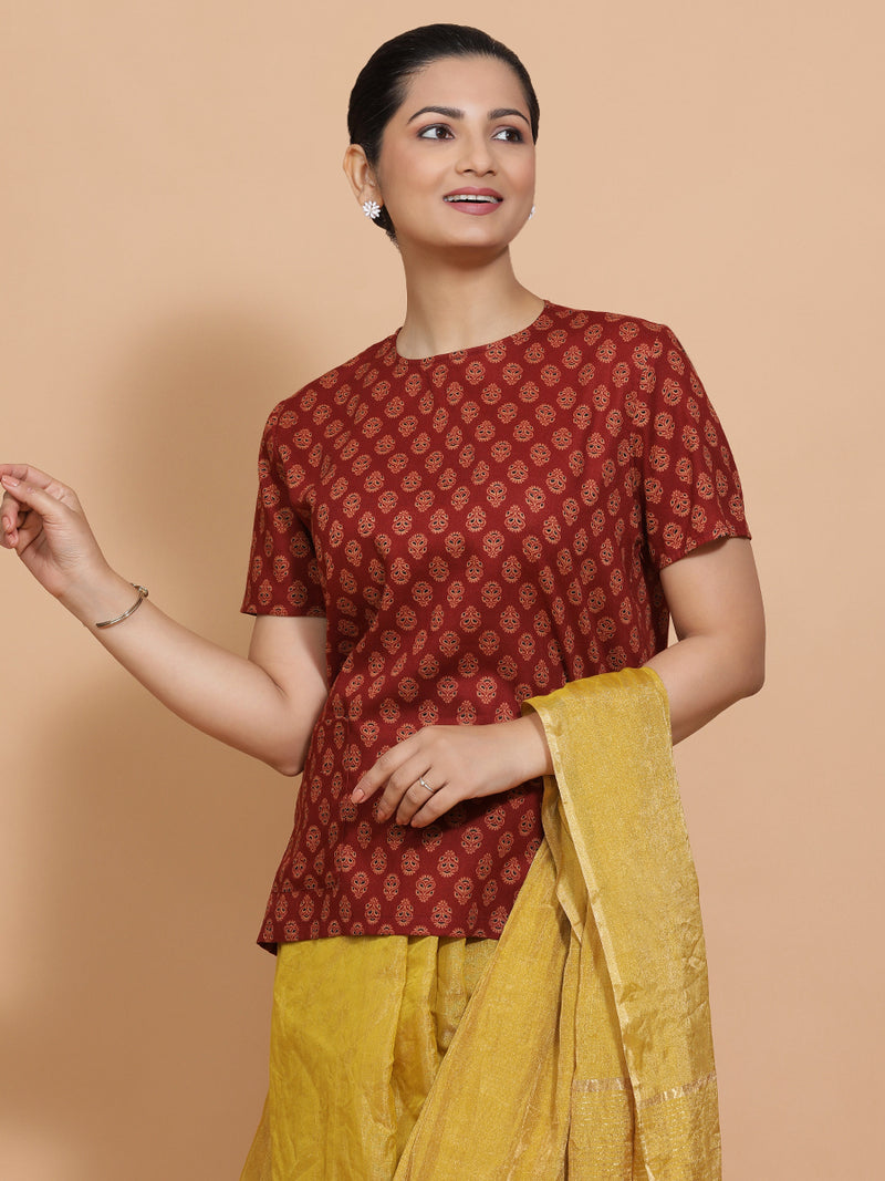 Brinda x Rozaana | Short Sleeves Cotton Saree Blouse in Red Peacock Block Print Fabric-Binks