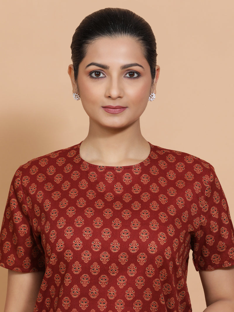 Brinda x Rozaana | Short Sleeves Cotton Saree Blouse in Red Peacock Block Print Fabric-Binks