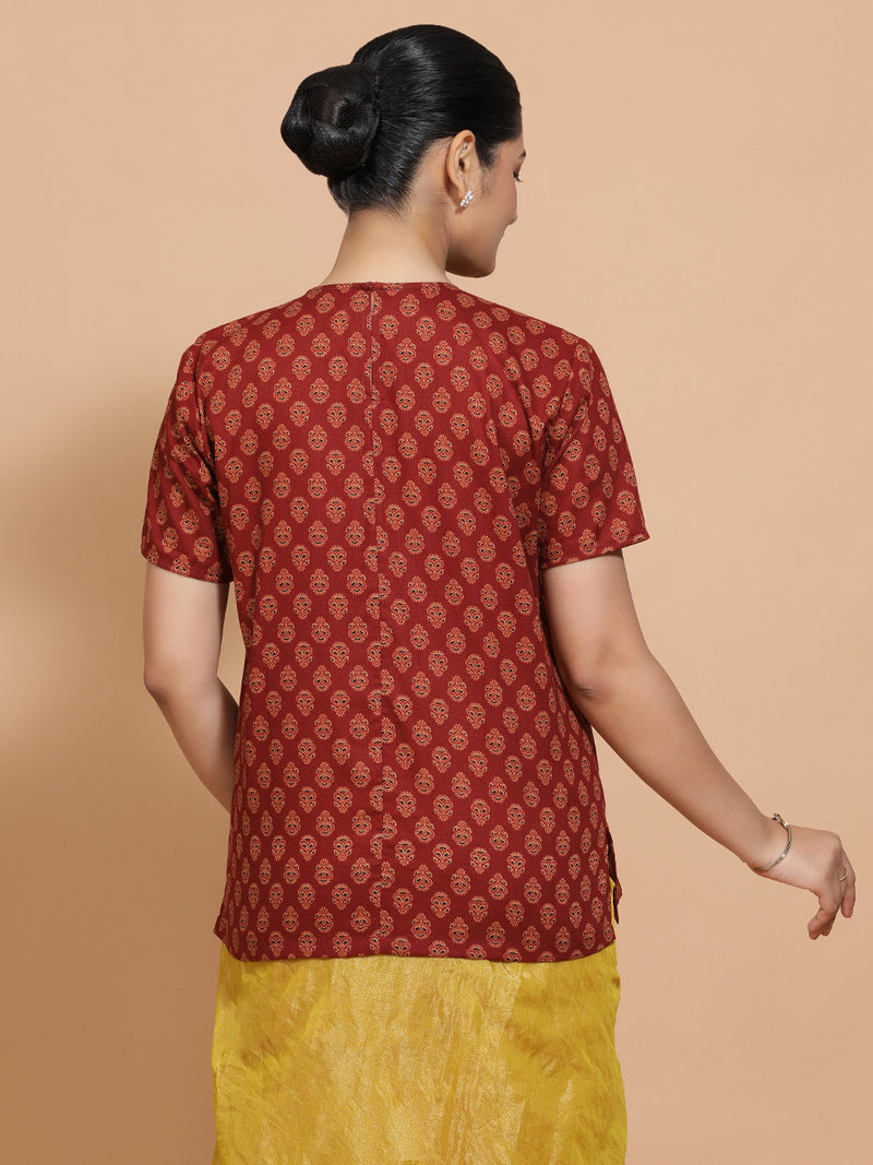 Brinda x Rozaana | Short Sleeves Cotton Saree Blouse in Red Peacock Block Print Fabric-Binks