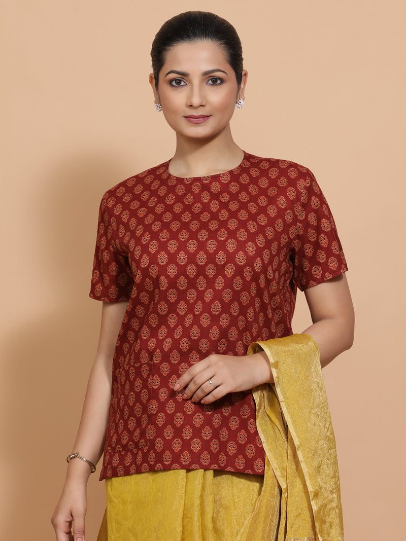 Brinda x Rozaana | Short Sleeves Cotton Saree Blouse in Red Peacock Block Print Fabric-Binks