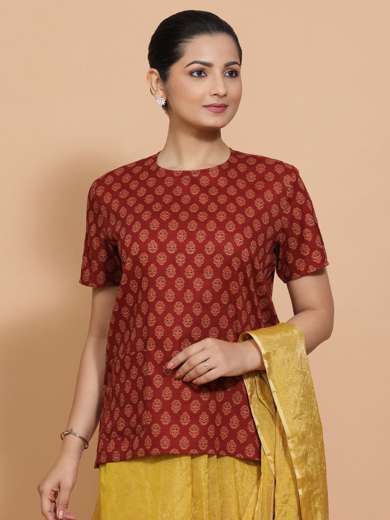 Brinda x Rozaana | Short Sleeves Cotton Saree Blouse in Red Peacock Block Print Fabric-Binks