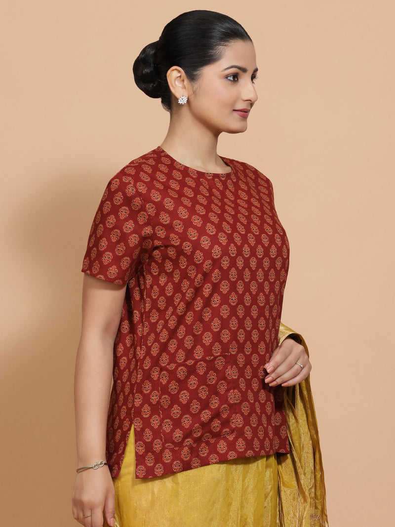 Brinda x Rozaana | Short Sleeves Cotton Saree Blouse in Red Peacock Block Print Fabric-Binks