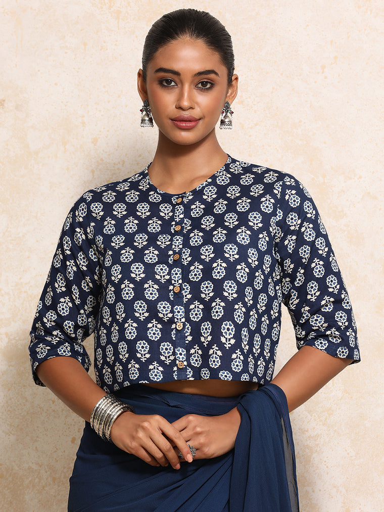 Chaitali x Rozaana Saree Blouse, in Blue 100% Cotton - Block Printed, featuring elbow sleeves and jewel neckline.