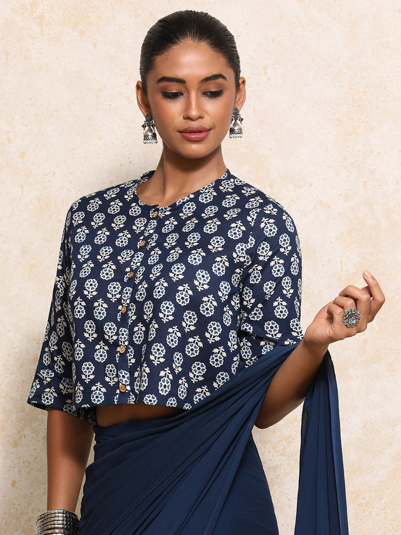 Chaitali x Rozaana | Elbow Sleeves Saree Blouse in Indigo Blue Flower Block Print Cotton-Binks