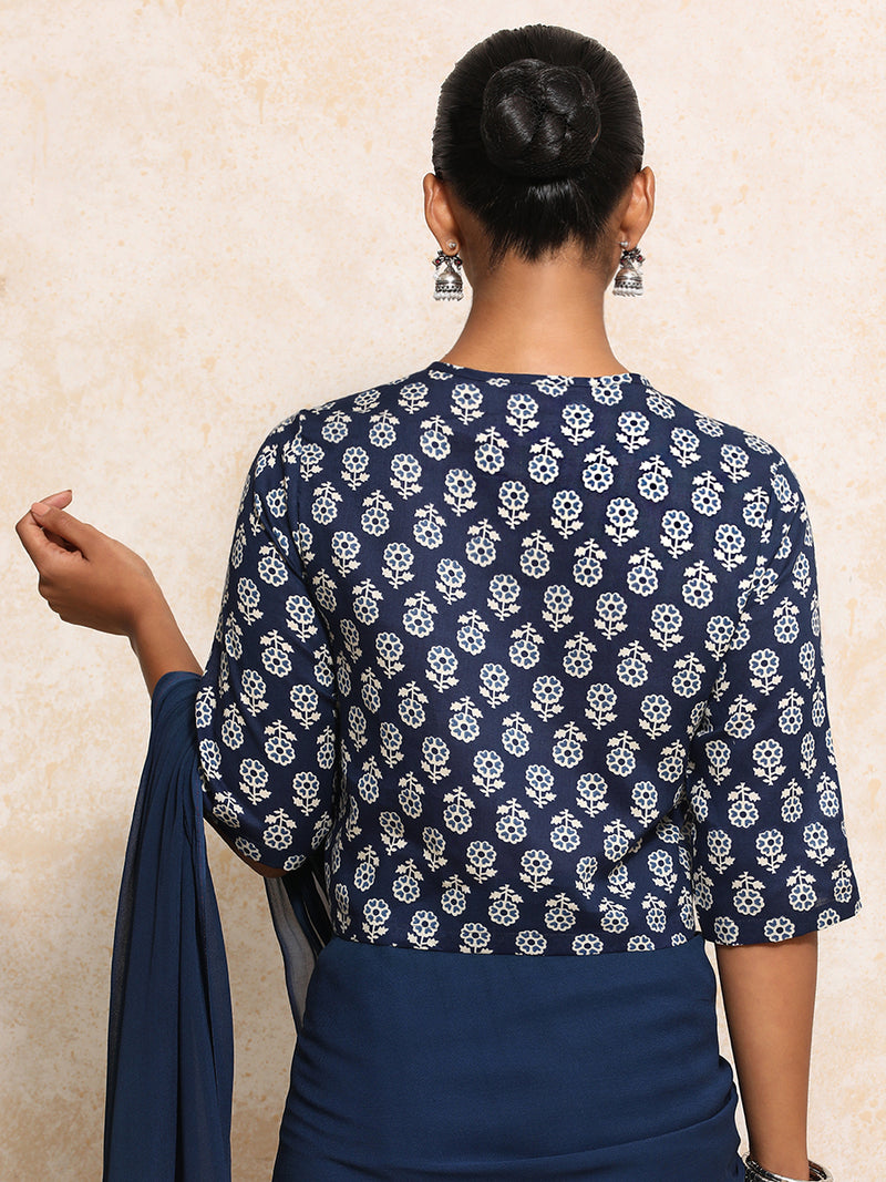 Chaitali x Rozaana | Elbow Sleeves Saree Blouse in Indigo Blue Flower Block Print Cotton-Binks