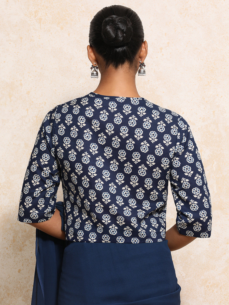 Chaitali x Rozaana Saree Blouse, in Blue 100% Cotton - Block Printed, featuring elbow sleeves and jewel neckline (view 2).